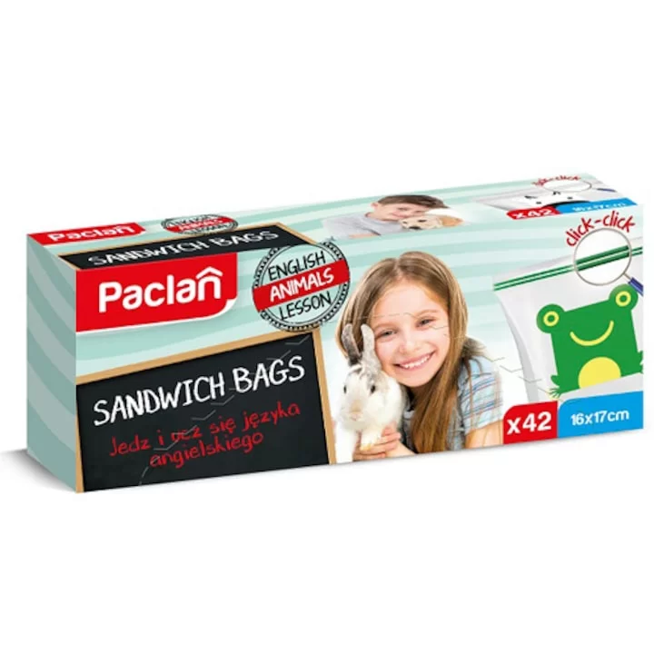 Pungi alimentare, inchidere cu fermoar, Paclan Sandwich Bags Zip, 42 buc